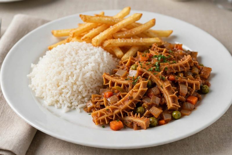 Guatitas a la jardinera con arroz y papas fritas